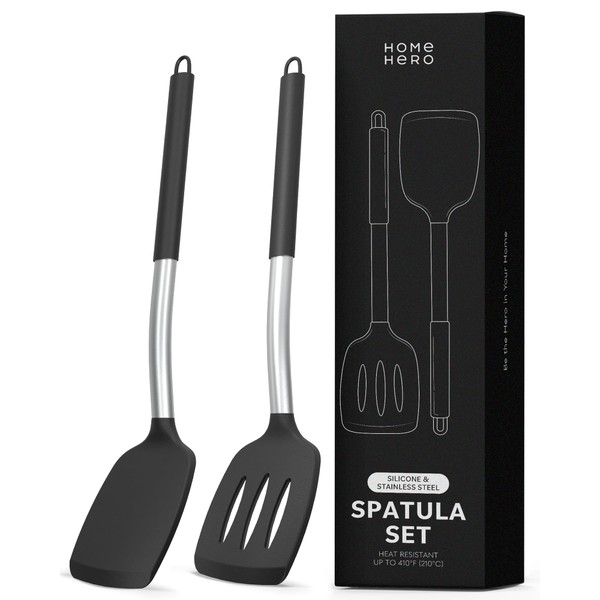 2 pack Kitchen Utensils Set - Kitchen Gadgets - Stainless Steel and Silicone Spatula, Spatulas Silicone Heat Resistant - Spatula Set for Nonstick Cookware - Slotted & Solid Spatula Set for Kitchen Use