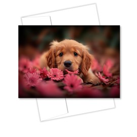Golden Retriever Puppy with Pink Flowers All Occasions Greeting Card from Unique Dogs Party Delights Collection Large 5x7 Inch Blank Inside with Envelope