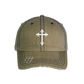 Gothic Cross Distressed Trucker Hat - Embroidered Trucker Baseball Hat (Khaki)