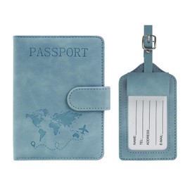 FuninCrea Passport Holder and Suitcase Tag Set, Faux Leather ID Card Holder with RFID Blocker, Multiple Slots Case, Passport Cover for Passport, Business Cards, Credit Cards, blue, Contemporary