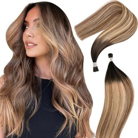 DIYOMO I Tip Hair Extensions - Human Hair,Naturl Black to Chestnut Brown Mixed with Platinum Blonde 18 Inch For Women Soft & Natural Itip Human Hair Extensions 50g 60s
