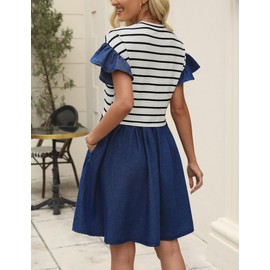 POTILI Plus Size Dresses for Women Summer Short Sleeve Casual Denim Jean Dress A Line Babydoll Mini Dress with Pocket Blue