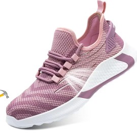 Asiman Steel Toe Shoes for Women Lightweight Breathable Safety Shoes for Men Construction Non Slip Composite Toe （Pink,W-7/M-5）