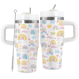 TNASURHUS 14oz Rainbow Tumbler with Handle and Straw, Stainless Steel Vacuum Insulated Tumblers, Birthday Gifts for Rainbow Lover, Daughter, Son, Sister