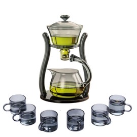 Fire Kirin Glass Teapot Set, Semi-automatic Drip Rotating Bowl with Infuser Lazy Kungfu Teapot Creative Tea Set (Grey, Teapot Set)