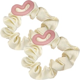Cream Color Satin Scrunchies Hair Ties - 2Pcs Hollow Heart Yellow Large Elastic Hair Bands for Thick Curly Hair Ties Solid (Beige, One size)