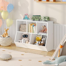 HOOBRO Kids Bookshelf, Bookcase Footboard, Toy Storage Cubby, Children's Toy Shelf, 35.4" L Storage Cabinet, Fit for Children's Room, Playroom, Hallway, Kindergarten, White WT32CW01