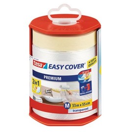 tesa Easy Cover Premium Masking Film for Painting Work - 2 in 1 Masking Film for Masking and Masking Tape for Masking - Refillable, with Dispenser - 33 m x 50 cm