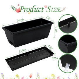 Lysjtsr 12Pcs 17Inches Rectangle Planter Box with Drainage Holes and Trays Plastic Planters Flower Boxes Pots for Indoor Outdoor Plants Patio Garden Home Decor Porch Yard (Black)