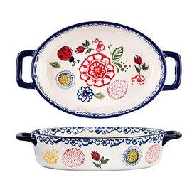 Bicuzat Vintage Style Flower and Butterfly Ladybug Pattern Bakeware Ceramic Casserole Dish Baking Pan Lasagna Pans Baking Dish with Handles for Oven to Table-1 PCS-A-Oval-Small