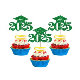 Graduation Decorations 2025-24Pcs Green Glitter 2025 Graduation Cap Cupcake Toppers for Class of 2025 Party Decorations