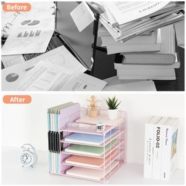 AUPSEN Office Desk Organizer, 5-Tier Paper Letter Tray with File Holder Multifunction Office Supplies and Accessories for Office School Home (Pink)