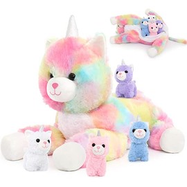MorisMos Big Unicorn Cat Teddy Stuffed Animal, 60cm Mom Cat with 3 Cuddly Kittens Inside Large Cat Soft Plush Toy Realistic Fluffy Cat Present for Kids Girlfriend Birthday Deco