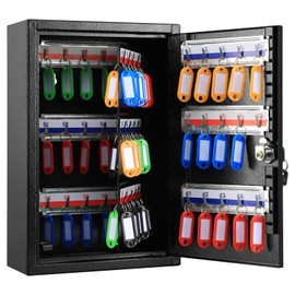 Dalmbox Key Cabinet with Key Lock, Key Storage Box Wall Mount, Steel Security Locking Key Lock Box with Adjustable Key Shelves, 60 Key Hooks and Colored Key Tag Labels, 13.8 x 8.7 x 4 inch, Black