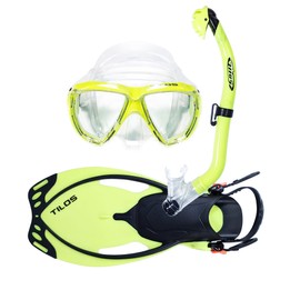 Tilos Cyclops Mask with Oracle Dry Snorkel and Vulcan OH Fins Jr. Set (Yellow, S/M)