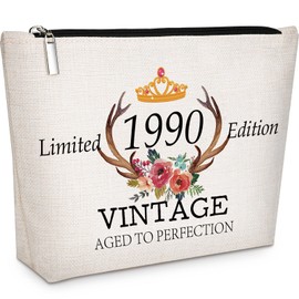 GevGuxLuo 35th Birthday Gifts for Women Makeup Bag, 35 Years Old Birthday Gifts for Mom Grandma Wife Aunt Friends Her,Turning 35 Cosmetic Bags 1990 Anniversary Cosmetic Travel Bag, White, Vintage 1990