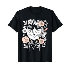 Minimalist Elegant Floral Botanical Cat Line Art T-Shirt