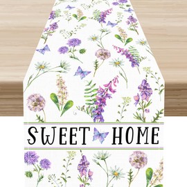 Camino de mesa floral salvaje, rústico de primavera y verano, acuarela de flores moradas, mariposas, plantas botánicas, decoración de centro para el hogar, cocina, comedor, día festivo, fiestas