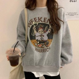 Women's Loose Fit Fleece Lettering Layered Sweatshirt Point Gray