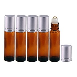 Perfume Studio® 10ml Amber Glass Metal Ball Roller Bottles with Aluminum Silver Cap (5, Metal Ball)