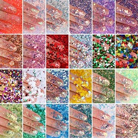 TORC Holographic Chunky Glitter Set, 24 Colors, Fine Chunky Mix Glitter for Nail Art Cosmetic Body Hair Festival Makeup Crafts, Shaker Jar Total 240 g