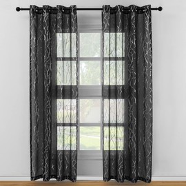 Kotile Black Silver Sheer Curtains for Bedroom, Metallic Silver Foil Tree Branch Curtains Light Filter, Sheer Black Silver Curtains 84 Inch Length for Living Room, 52 x 84 in, 2 Panels, Black Silver