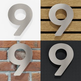 N-01-9-E Stainless Steel House Number 9 - Solid, Weatherproof and Rustproof - 14 cm Large - with Mounting Material - Brushed Design House Number Sign