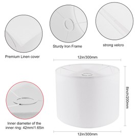 Lamp Shades Set of 2, Drum Lampshade for Table Lamps Floor Lamp, 12" Top X 12" Bottom X 8" High White Large Line Fabric Lamp Shades, Easy Assembly Replacement Lampshades
