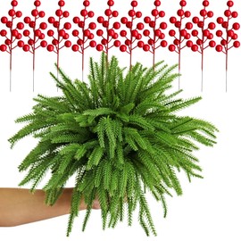 ELYJHYY 50PCS Artificial Norfolk Pine Branches Green Plants Pine Needles Stems DIY Accessories for Garland Wreath Christmas and Home Garden Decor (Green + Red)