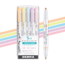 Zebra - Juego de resaltadores de doble punta Mildliner con punta de cincel y punta de bala, ideal para resaltar la Biblia, sin sangrar, varios colores de tinta suave, paquete de 5 (78705)