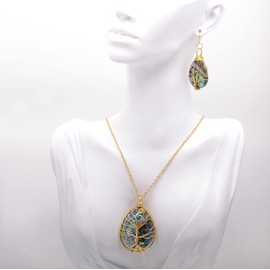 Hand Wired Tree of Life Sea Abalone Shell Jewelry Set Drop Earrings & Pendant Necklace, Yellow