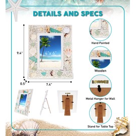 CoTa Global Oceanic Beach 4x6 Frame - Wooden Seashell Photo Frame with Beach Ornaments, Handmade Tropical Sand Nautical Picture Frame for Tabletop or Wall Hang - 9.4 Inches