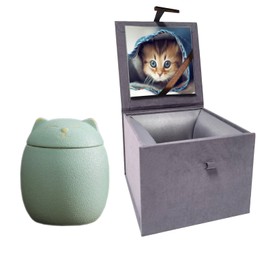 Umberdom Matte Ceramic Cat Ashes Urn, Light Green, Small