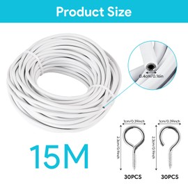 Bubuny 15 m Curtain Wire, White Curtain Wire, Curtain Rope, Curtain Rope Tension System with 30 Pairs of Hooks, Screw Eyelets for Curtains, Shower Curtains, Curtain Rods, Washing Line