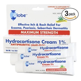 Globe Hydrocortisone CREAM 1% 1 oz with ALOE Maximum Strength Anti-Itch - 3 packs