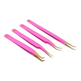 M LASH Tweezers for Eyelash Extensions (Set of 4) - Professional Lash Extension Tweezers - Fiber Tip, Japanese Steel, Diamond Grip Eyelash Extension Tweezer (Pink)