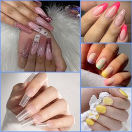 Nail Tips and Glue Gel Kit, 420 Pieces Coffin Ballerina Tips for Gel Nails with Guidelines, Multiple Shapes Almond Square Nail Tips for Gel Nails, Gel Nail X Extension Set and Nail Glue with UV Lamp