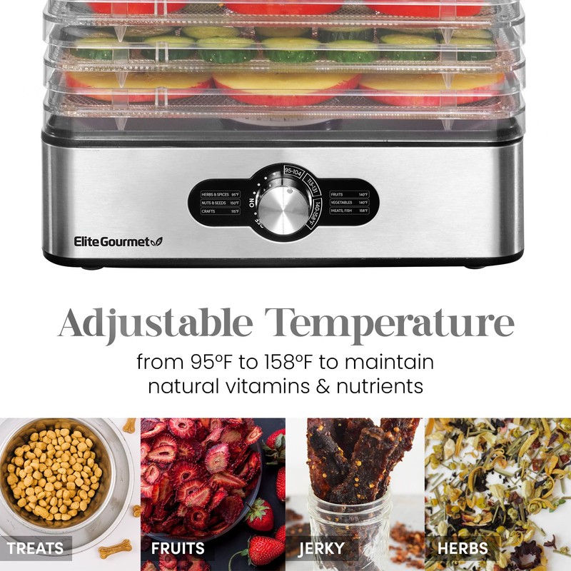 Elite Gourmet EFD3321X Food Dehydrator, Stainless Steel Trays Adjustable Temperature