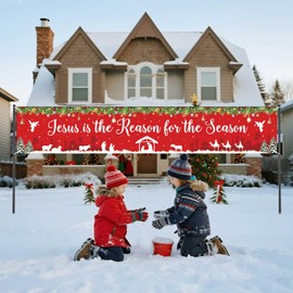 Merry Christmas Banner, Jesus Is The Reason for The Season Banner Backdrop, Christmas Party Decorations for Church, Yard, Outdoor, Holiday Party Supplies