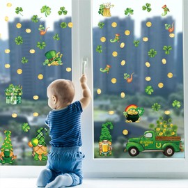 FWIEXA St Patrick's Day Wall Stickers, Lucky Shamrock Wall Decals, Cute Leprechaun Decorations, Golden Coins Green Clover Car Beer Clings Peel Stick Mural for Party, Irish, Holiday - Size 38.5x12 Inch