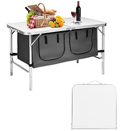 GYMAX Folding Camping Table, Outdoor Lightweight Aluminum Table Height Adjustable with Storage Organizer, Portable Picnic BBQ Table for Beach Backyard (Grey)