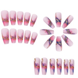 Coffin Press on Nails Medium Fake Nails Gold Foil Acrylic Nails Pink Full Cover Glue on Nails Matte Artificial Smudge Stick on Nails for Women 24 Pcs