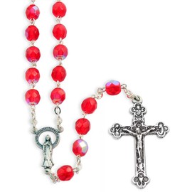 Red Aurora Borealis Crystal Rosary for Men and Women, Our Lady of The Miraculous Medal