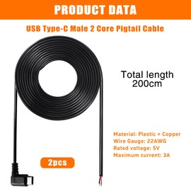 KUOQIY 2 Stücke 200cm 22AWG 90 Grad USB Typ C Stecker Pigtail Stromkabel, 5V 3A USB-C-Stecker auf 2-Poligen Blanken Draht Offenes Ende, für LED-Leuchten