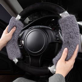 CAR PASS Bling Diamond Rhinestone Fluffy Steering Wheel Cover, Comfortable Non-Slip Luxury Soft Faux Wool Car Accessories, Universal Fit for 14.5" to 15" Wheel Protector Cute for Women Girl, Gray Wool