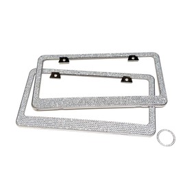 JR2 Pack of 2 Popular Bling White Color Crystal Metal Chrome License Plate Frame+Screw Cap+Free White Ring Emblem