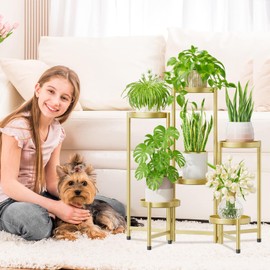 iDavosic.ly 6 Tier Metal Plant Stand for Indoor Outdoor, Folding Tiered Corner Flower Display Holder Shelf, 31 Inch Tall Orchid Rack for House Patio Balcony Garden Living Room, Gold