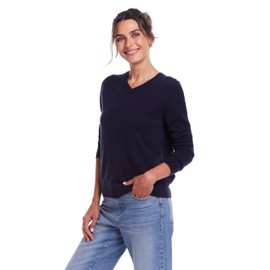 Weatherproof Vintage Women's Lightweight 100% Pure Cashmere Sweater | V Neck | Trendy Thin Cashmere Tops for Women | Ladies Classic Long Sleeve Sweatshirt for Winter & Fall, Dark Navy, Large