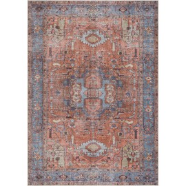 Bloom Rugs Washable 6' x 9' Rug - Terracotta/Blue Traditional Area Rug for Living Room, Bedroom, Dining Room, and Kitchen - Exact Size: 6' x 9'