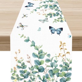 Green Eucalyptus Table Runner, Farmhouse Spring Watercolor Plant Leaves Floral Butterfly Seasonal Rustic Coffee Table Center Decor for Family Home Kitchen and Dining Indoor Table Decorations, 13"x36"